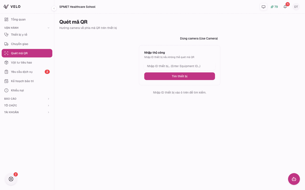 Giao diện quét mã QR để tìm kiếm thiết bị y tế trong vài giây