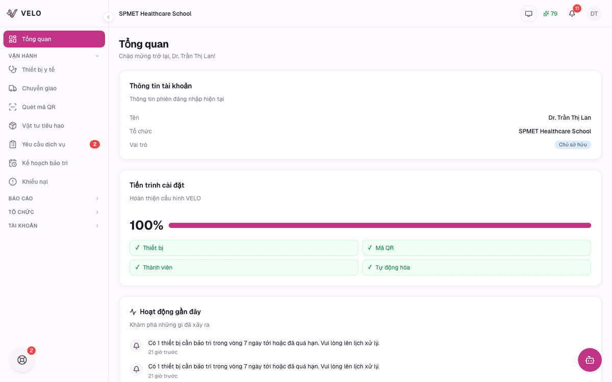 Bảng điều khiển bệnh viện Velo — theo dõi toàn bộ thiết bị y tế theo thời gian thực